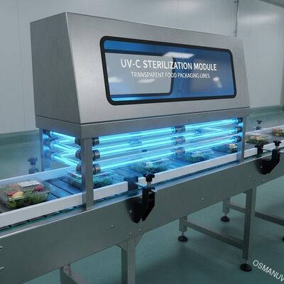 Modul sterilisasi UV-C yang dipasang pada konveyor untuk jalur kemasan makanan transparan