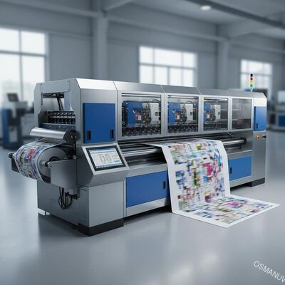 Printer digital kecepatan tinggi dengan kecepatan cetak 150 m/menit yang dapat disesuaikan hingga lebar 2.500 mm dan konfigurasi CMYK + putih + varnis