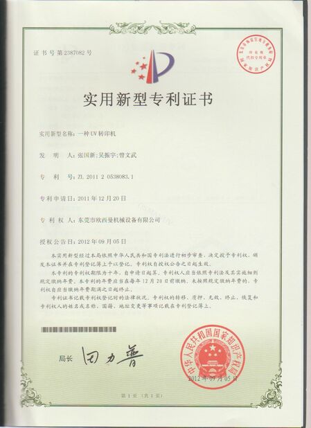 CINA Dongguan Osmanuv Machinery Equipment Co., Ltd Sertifikasi