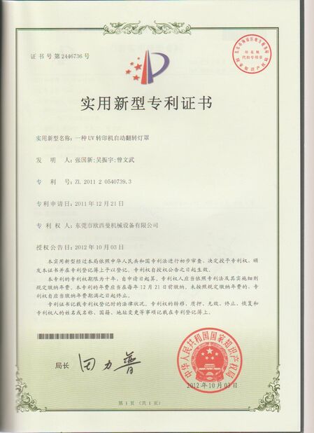 CINA Dongguan Osmanuv Machinery Equipment Co., Ltd Sertifikasi